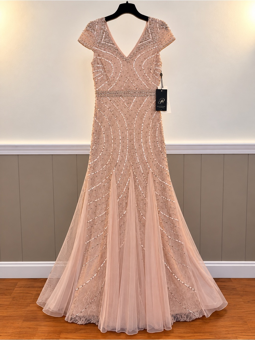 Adrianna Papell Beaded V-Neck Evening Gown in Blush